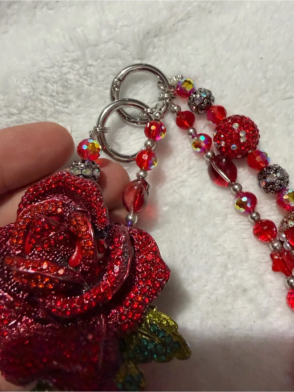 Hand Made Red Crystal Rose Beaded Bag Charm Or Keychain